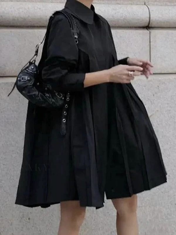 Robe chemise boutonnée plissée à manches longues, à col revers, couleur unie