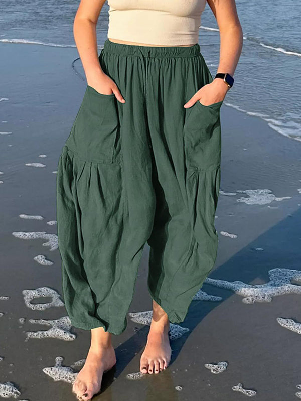Pantalon ample plissé taille haute, à cordon de serrage, à taille élastique, à poches, couleur unie