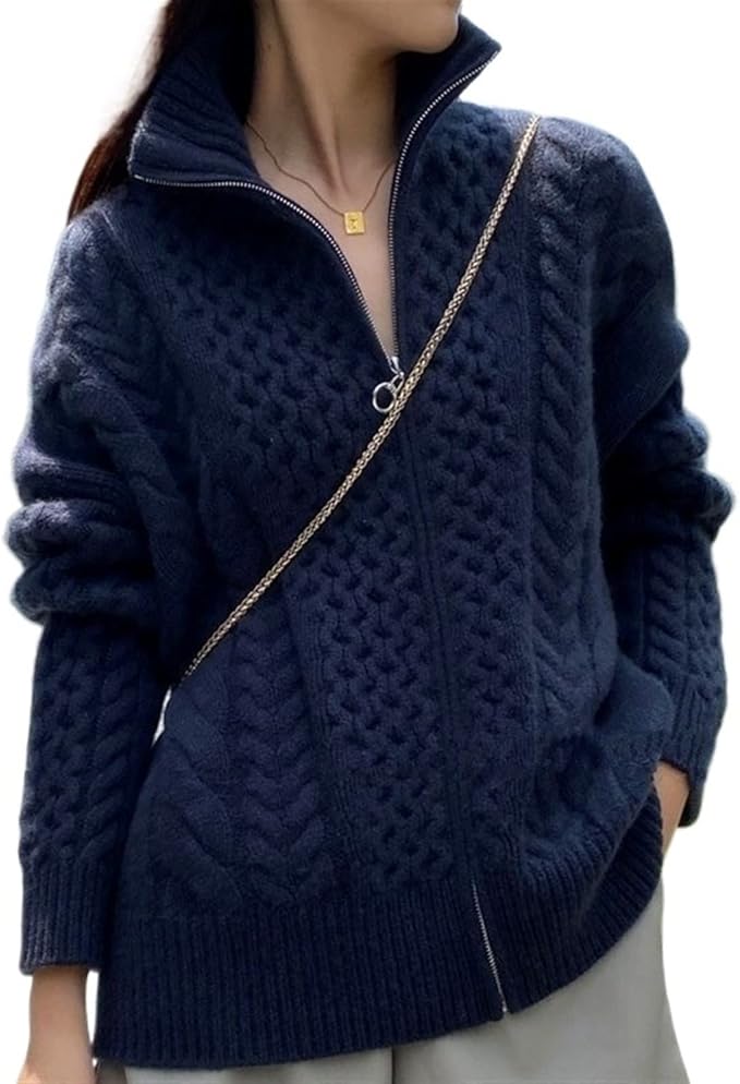 Chic, décontractée cardigan à motif torsadé avec fermeture éclair pour femmes
