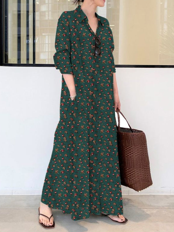 Robe longue imprimée vintage, à col revers, à manches longues