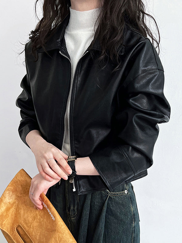 Veste ample à manches longues, à fermeture éclair, à col revers, couleur unie