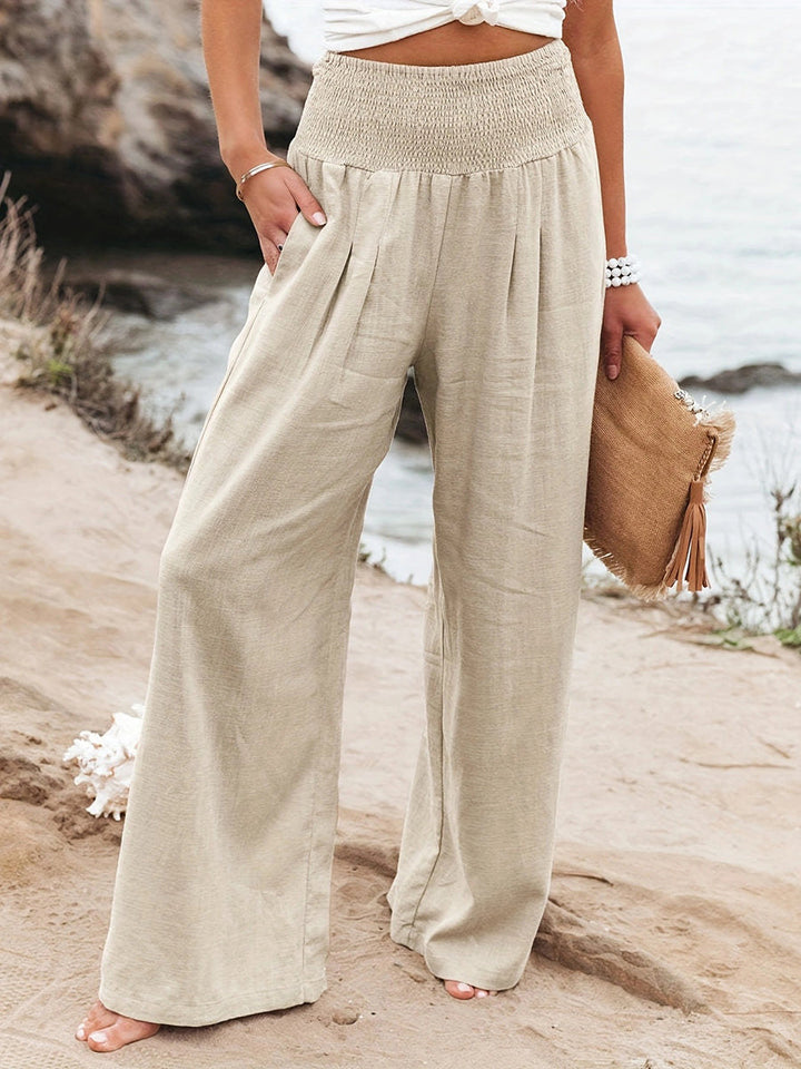 Pantalon plissé à taille élastique, taille haute, à poches, à empiècements, couleur unie