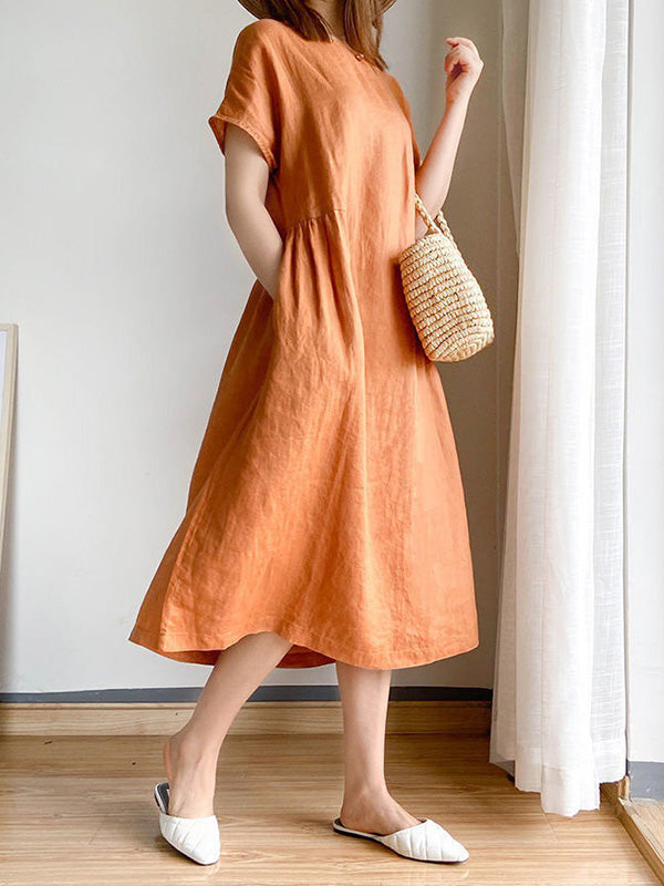 Robe mi-longue décontractée ample à col rond, couleur unie