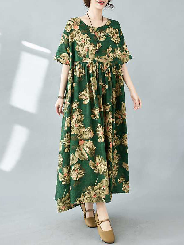 Robe mi-longue ample plissée à manches mi-longues, à imprimé floral, à poches, à col rond