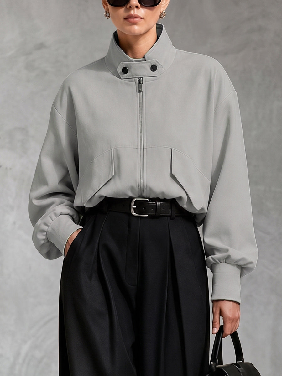 Veste ample à fermeture éclair, à manches longues, à col montant, couleur unie