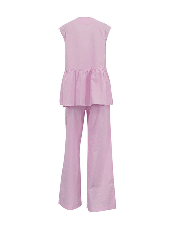 Ensemble deux pièces ample sans manches plissé à col en v + pantalon
