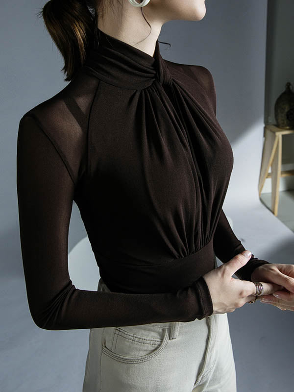 Blouses à manches longues grandes tailles en maille ajourée plissée transparente, couleur unie, col roulé torsadé
