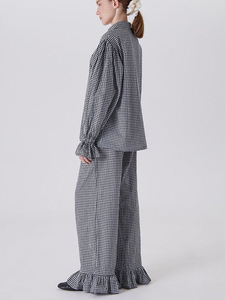Ensemble deux pièces ample volanté boutonné à carreaux, à empiècements, à manches longues, à col revers, couleur contrastée – chemisier + pantalon