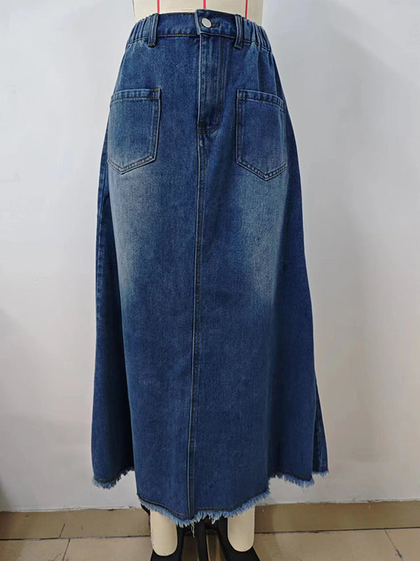 Jupe ample boutonnée coupe trapèze, à taille élastique, à franges, à poches, à empiècements