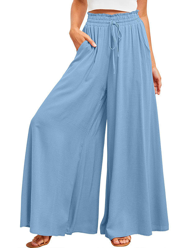 Pantalon ample taille haute, à cordon de serrage, à taille élastique, à poches, couleur unie