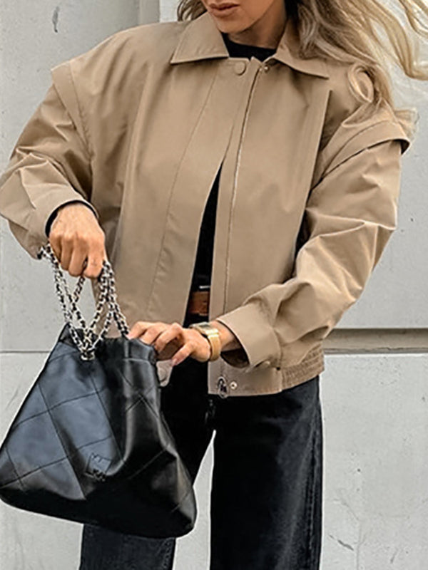 Veste ample boutonnée à manches longues, à taille élastique, à fermeture éclair, à col revers, couleur unie