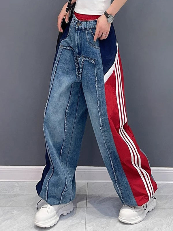 Jean ample à jambes larges, à cordon de serrage, à taille élastique, à franges, à empiècements, couleur contrastée
