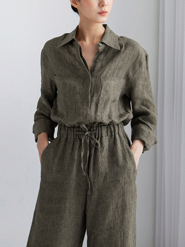 Combinaisons en lin urbain avec cordon de serrage, taille élastique, jambes larges, manches longues