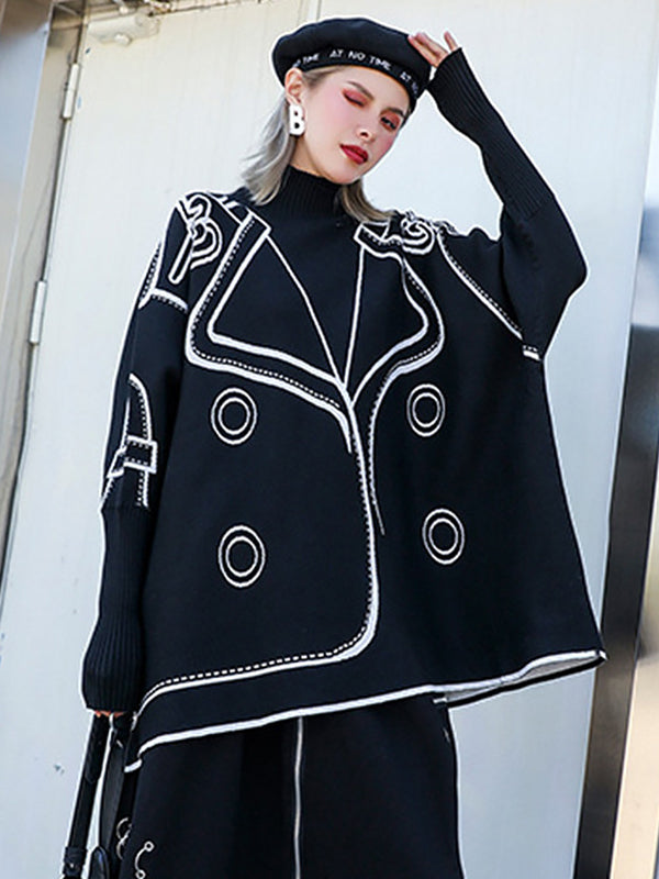 Pull décontracté ample à manches longues, en jacquard, à col haut, couleur contrastée