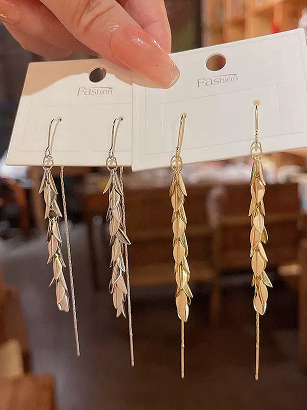 Boucles d'oreilles pendantes en forme de feuilles, à pompons
