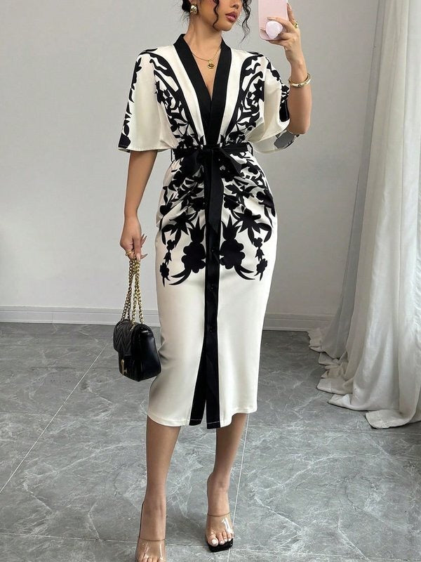 Robe mi-longue imprimée à manches mi-longues, à imprimé floral, à taille nouée, à col en V