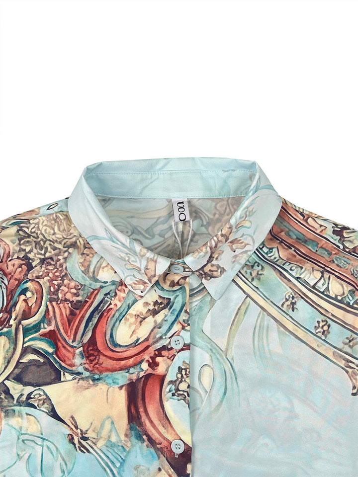 Robe chemise ample boutonnée imprimée à col revers, couleur contrastée