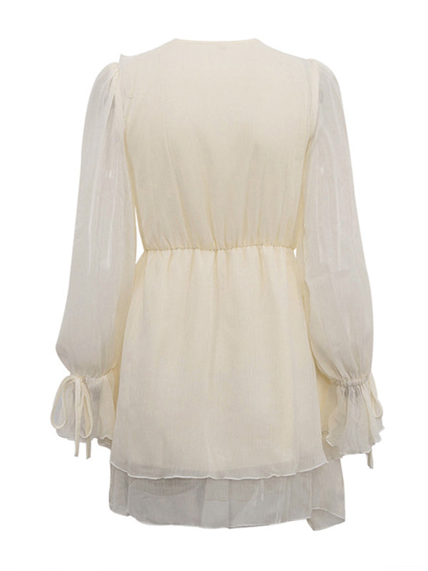 Robe courte nouée coupe trapèze, taille haute, à bordure volantée, à col en V, couleur unie