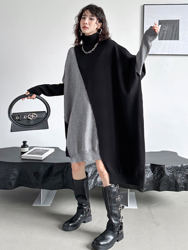 Robe pull mi-longue asymétrique à manches chauve-souris et col haut, couleur contrastée