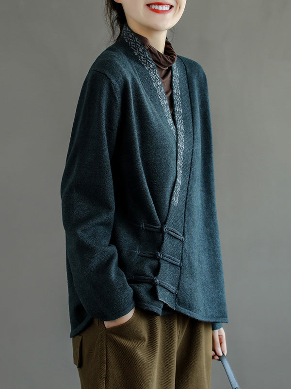 Haut cardigan vintage en laine mélangée brodé de couleur unie