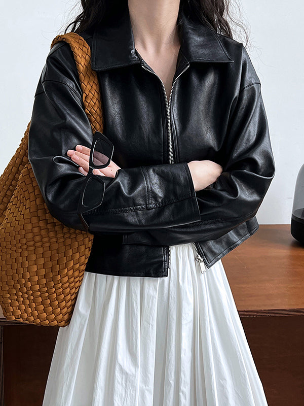 Veste ample à manches longues, à fermeture éclair, à col revers, couleur unie