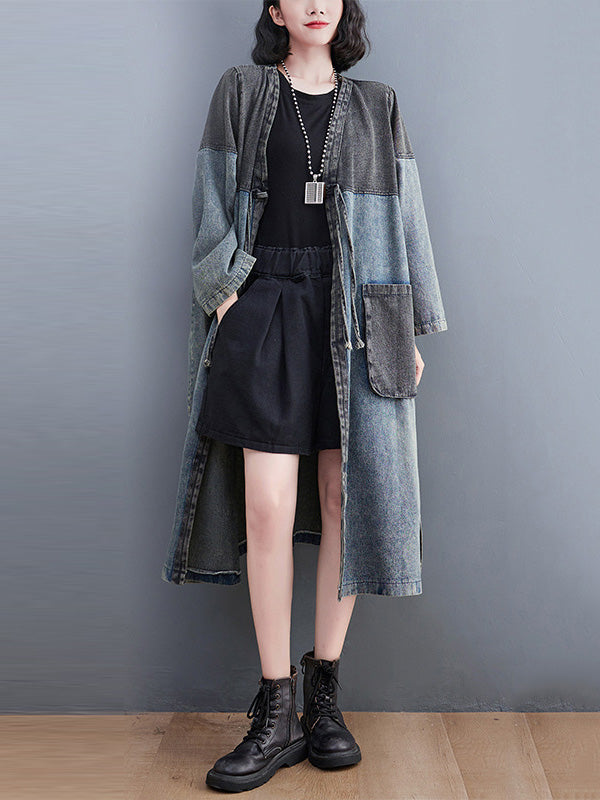 Artistique Rétro Denim Manches Longues Lâche Attaché à empiècements Trench Manteaux