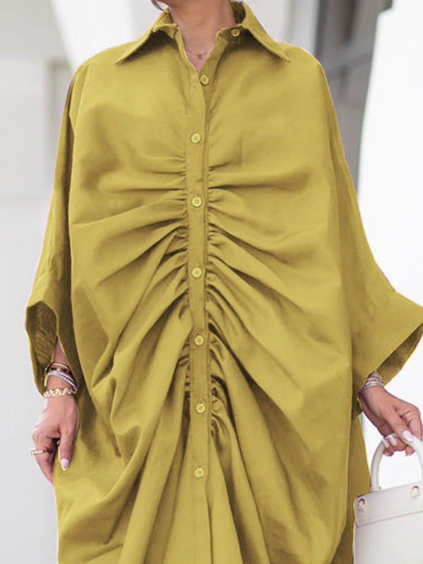 Robe chemise ample boutonnée plissée à manches longues, à col revers, couleur unie