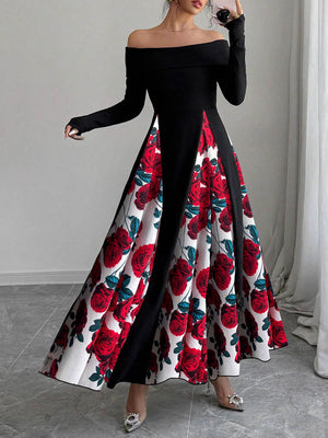 Robe longue taille haute, à manches longues, à imprimé floral, à empiècements, à épaules dénudées, couleur contrastée