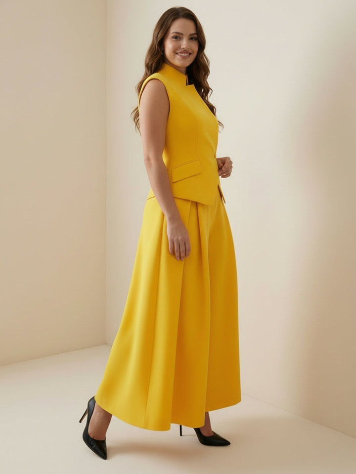 Pantalon ample plissé taille haute, à empiècements, couleur unie
