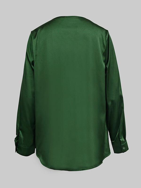Chemise à col en V, à manches longues, couleur unie