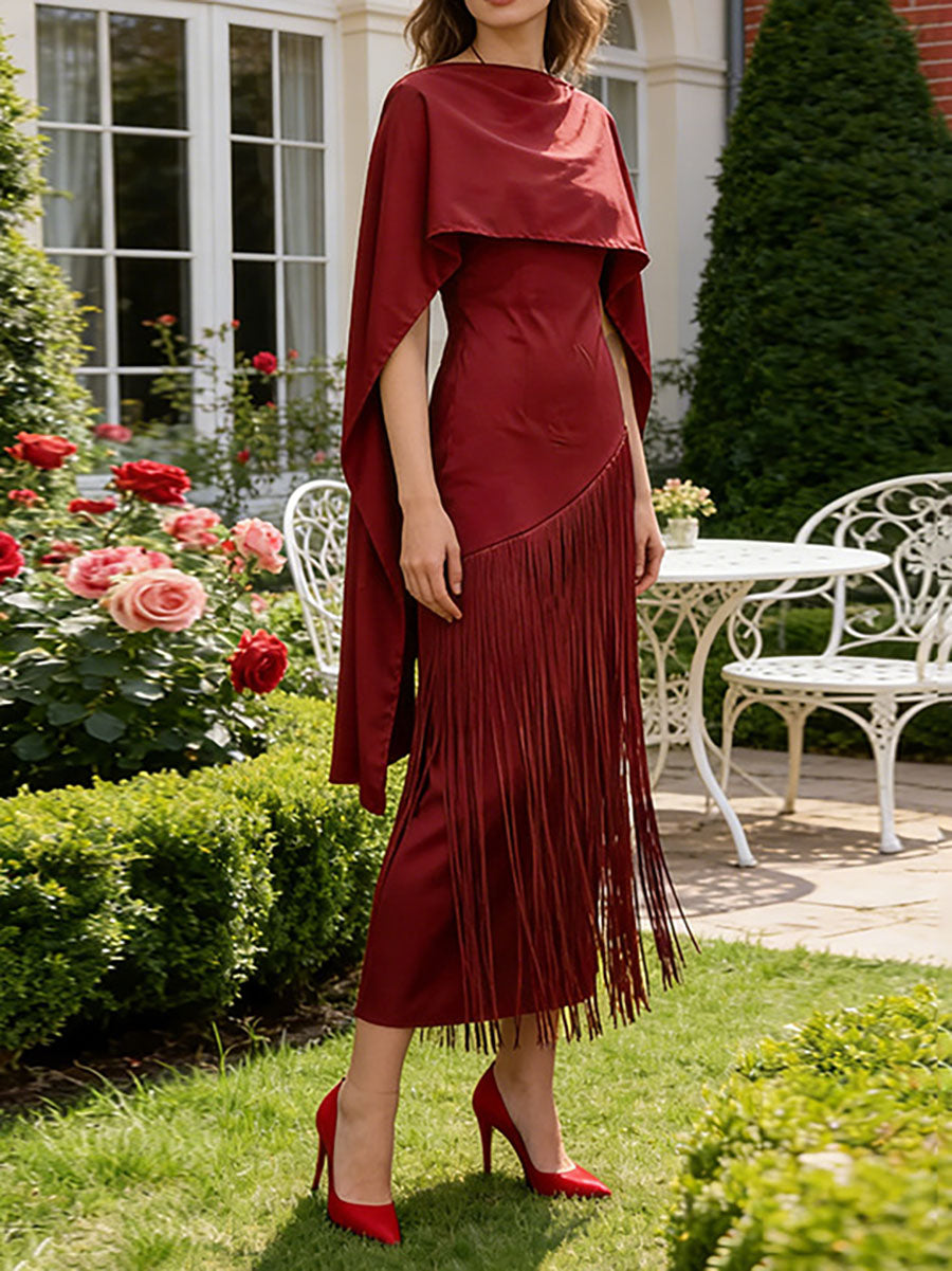 Cape taille haute couleur unie fendue à glands col écharpe robes mi-longues