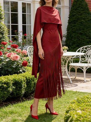 Cape taille haute couleur unie fendue à glands col écharpe robes mi-longues