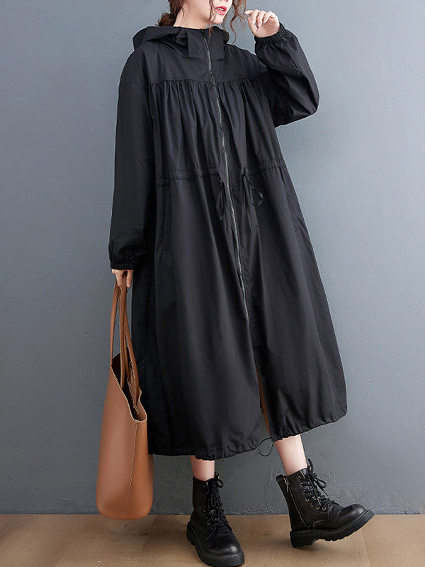 Trench-Coat décontracté à capuche, couleur unie, ample, fermeture éclair, cordon de serrage, manches longues