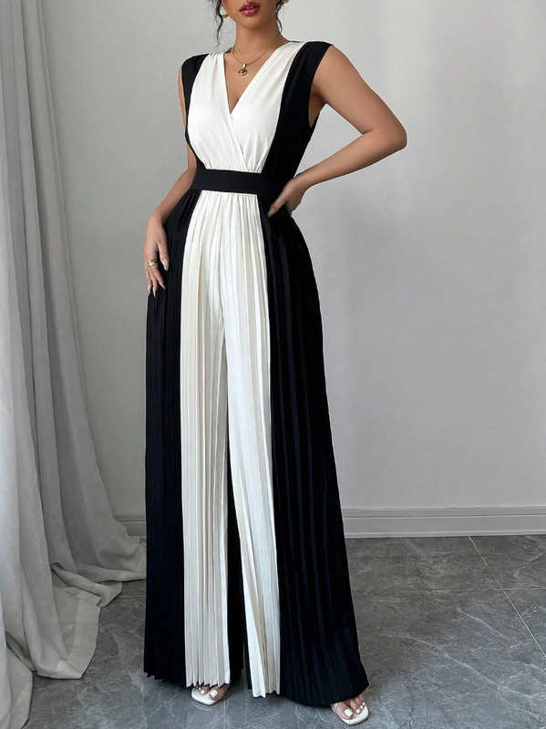 Combinaison ample plissée taille haute, à col en V, couleur contrastée
