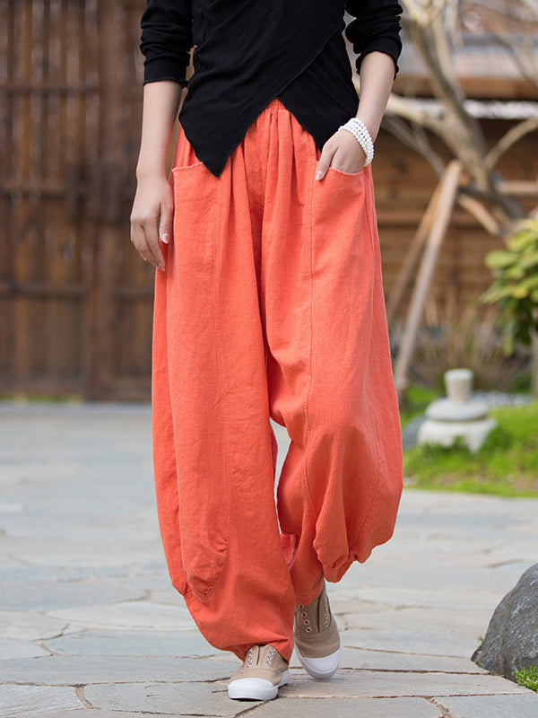 Pantalon en lin décontracté à jambes larges, taille haute, couleur unie, 7 couleurs