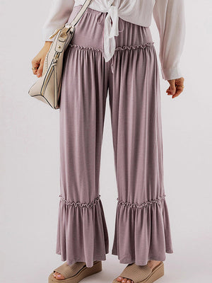 Pantalon ample plissé taille haute, couleur unie