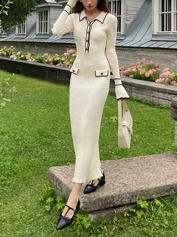 Robe pull plissée volantée à manches longues, à empiècements, à col revers