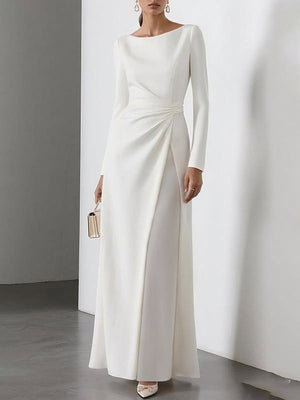 Robe longue plissée taille haute, à manches longues, en gaze, à empiècements, à col rond, couleur unie