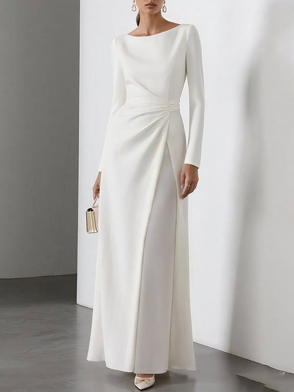 Robe longue plissée taille haute, à manches longues, en gaze, à empiècements, à col rond, couleur unie