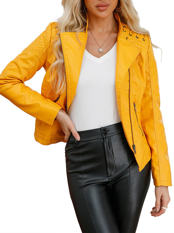Vestes en PU à manches longues et fermeture éclair à empiècements et col montant