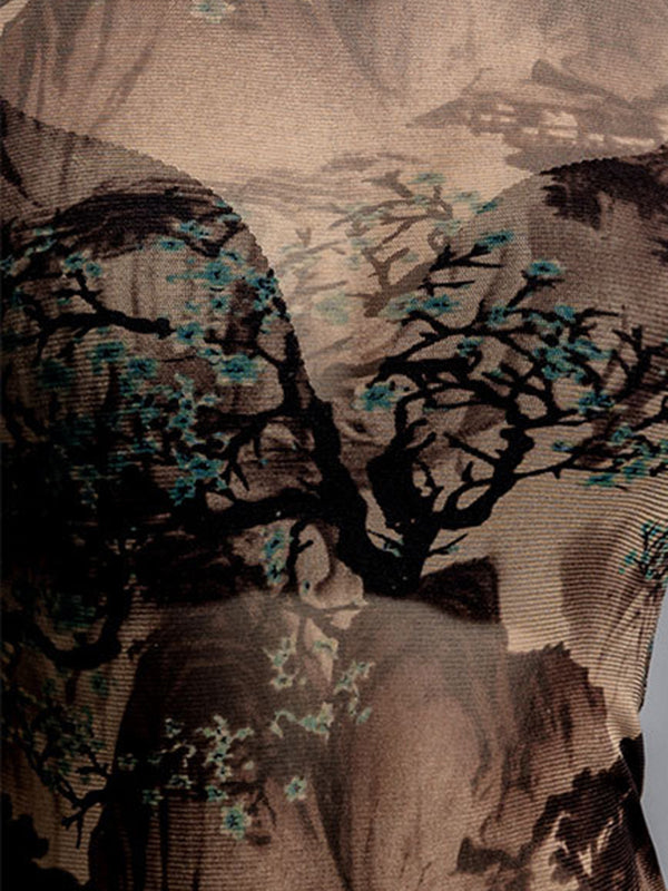 T-shirt asymétrique transparent à manches longues, grande taille, en résille, à empiècements, à col rond