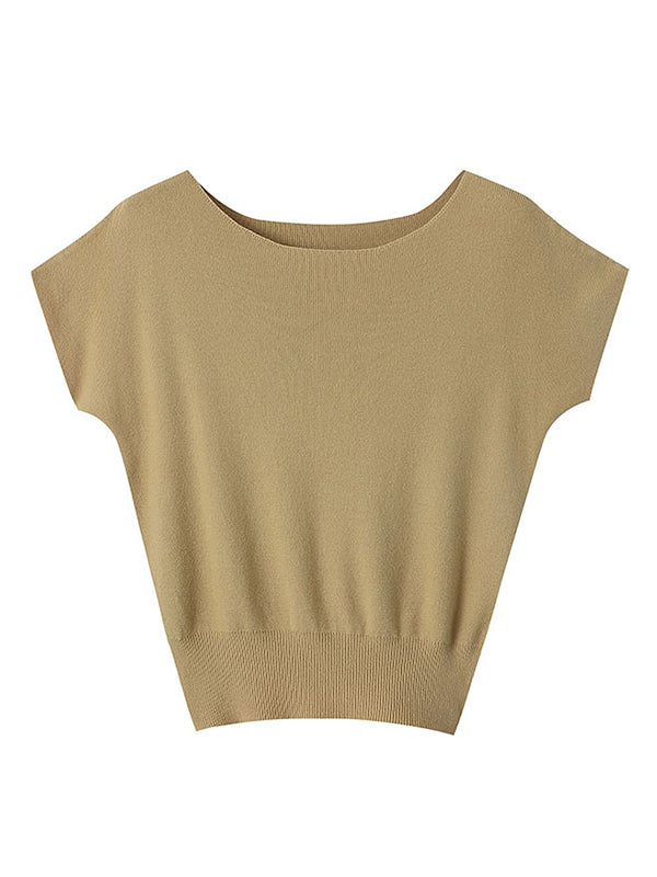 Élégant lâche couleur unie col bateau tricots pulls hauts