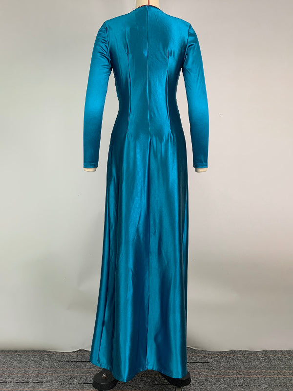 Robe longue moulante plissée fendue devant à manches longues, à taille nouée, à décolleté en V profond, couleur unie