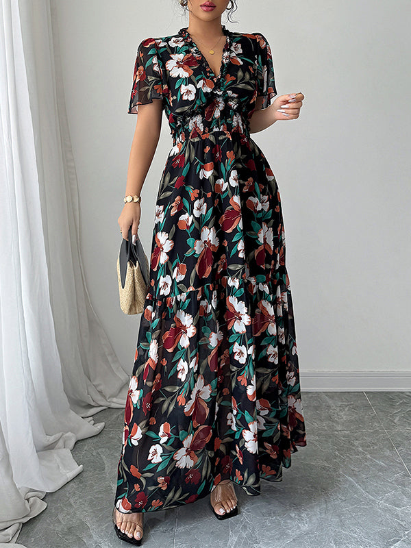Robe longue ample plissée coupe trapèze, à taille élastique, à imprimé floral, à col en V, couleur contrastée