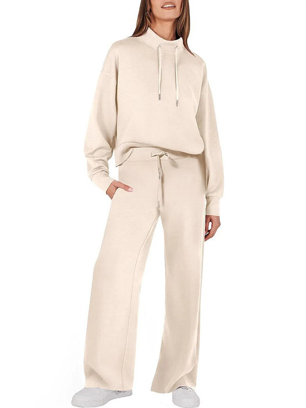 Ensemble deux pièces taille haute, manches longues, cordon de serrage, sweat-shirt fendu + pantalon/pantalon