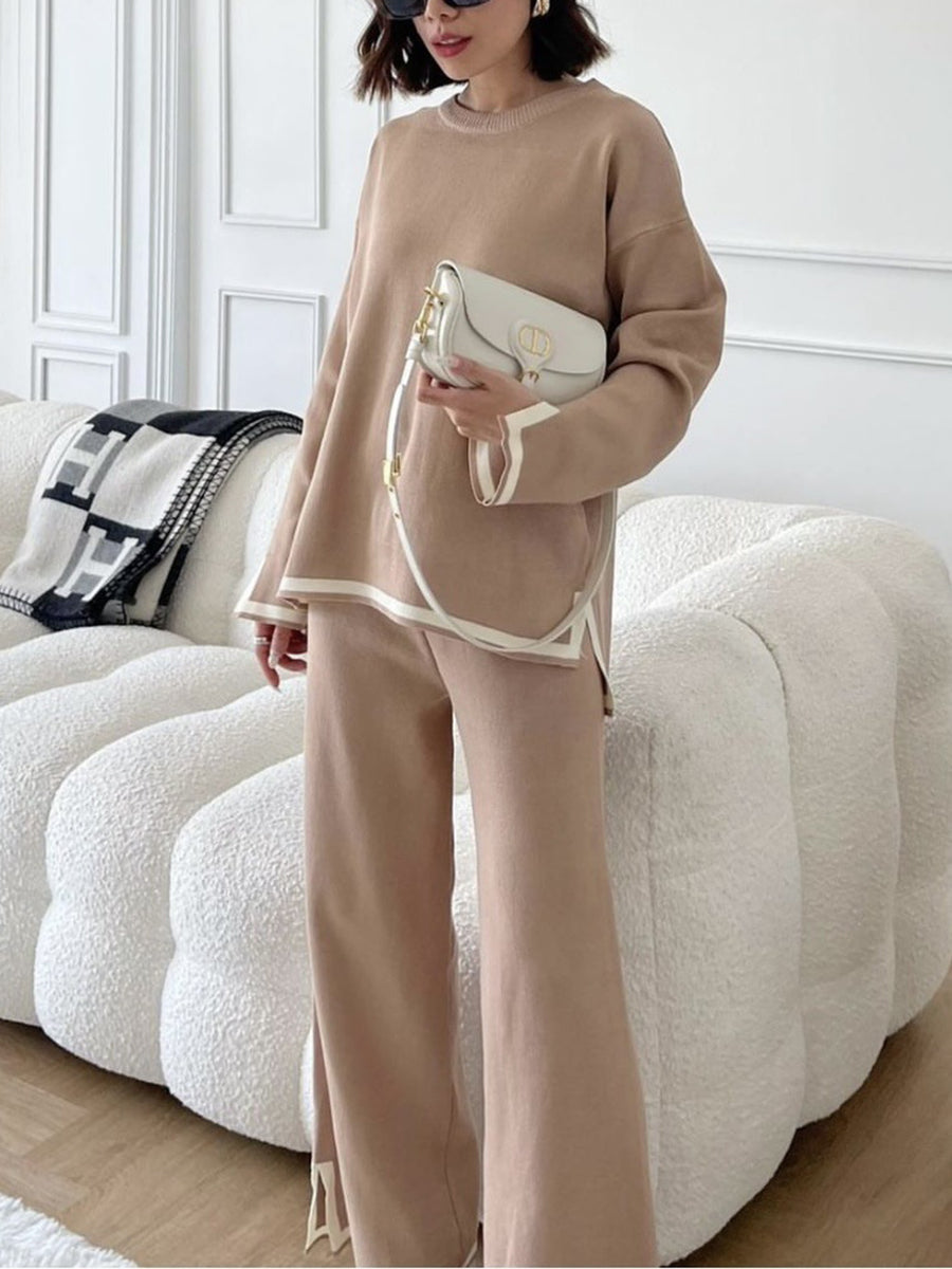 Ensemble deux pièces : haut fendu sur le côté à ourlet plongeant, à manches longues, à col rond, couleur contrastée + pantalon fendu sur le côté à jambes larges