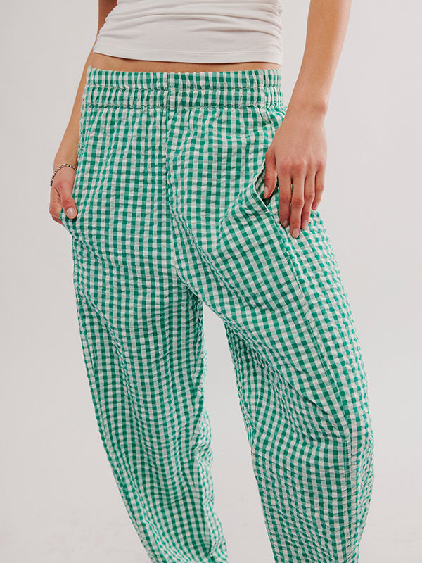 Pantalon ample à carreaux, à poches, à empiècements
