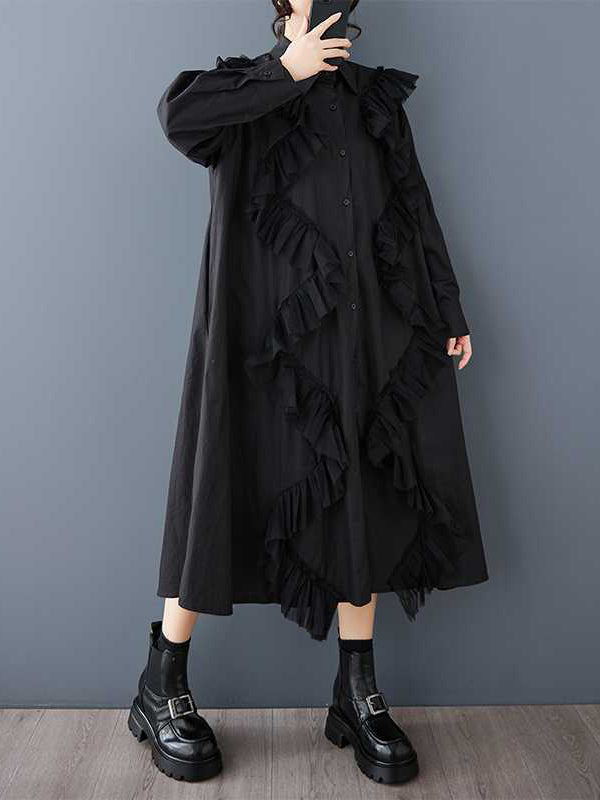 Robe chemise boutonnée coupe trapèze, à manches longues, à empiècements, à col revers