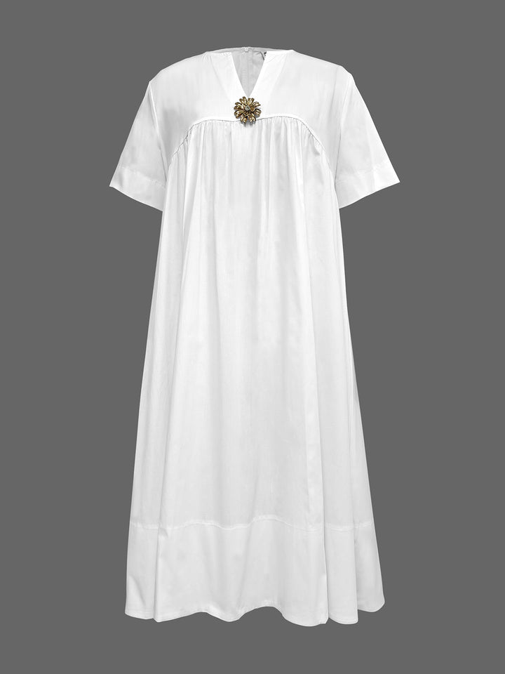 Robe chemise ample à manches courtes, à décolleté en V profond, couleur unie