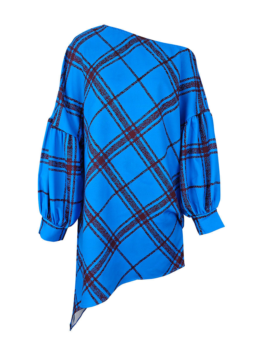 Robe courte asymétrique plissée à manches longues, à manches bouffantes, à carreaux, asymétrique à une épaule, couleur contrastée